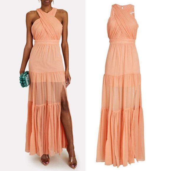 Veronica Beard Florencia Maxi-Length Dress Bright Coral Criss-cross Halter Neck - Picture 2 of 12